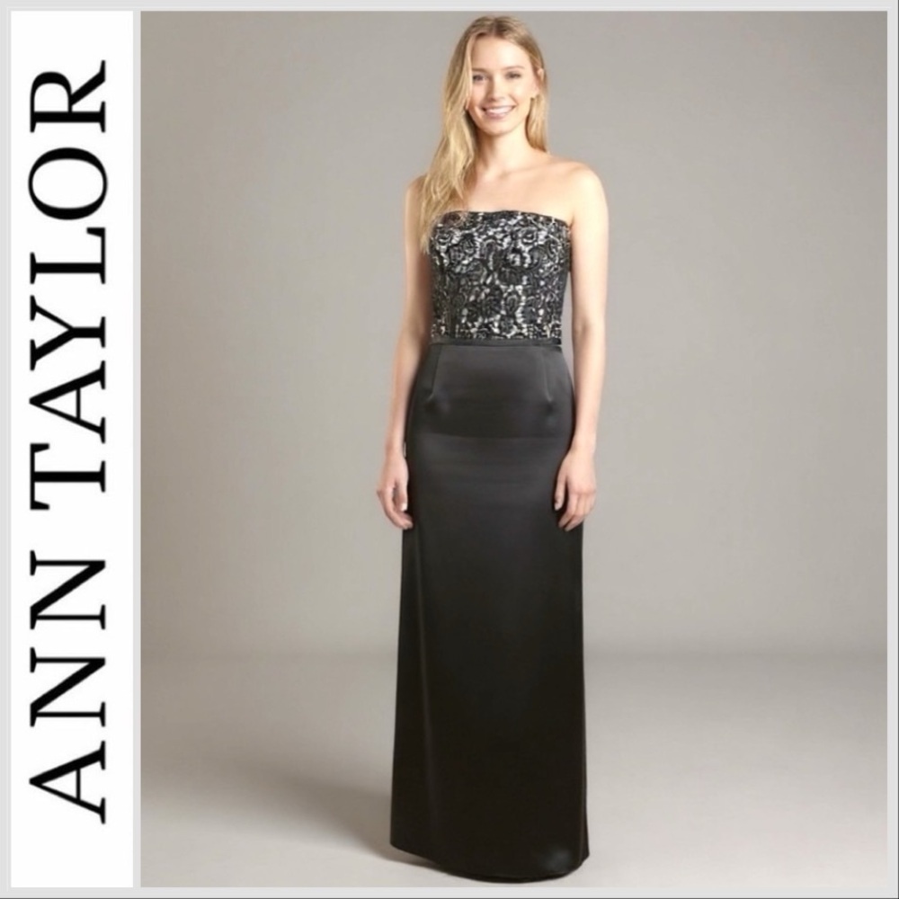 ANN TAYLOR VTG Strapless Black Satin & Lace Prom or Evening Gown 4 - Picture 2 of 12